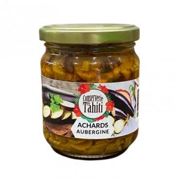 Eggplant pickles in 200g glass jar, seen from the front